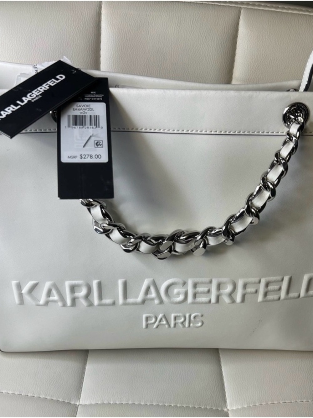Karl Lagerfeld White Tote with Silver Chain Handle and Embossed Logo